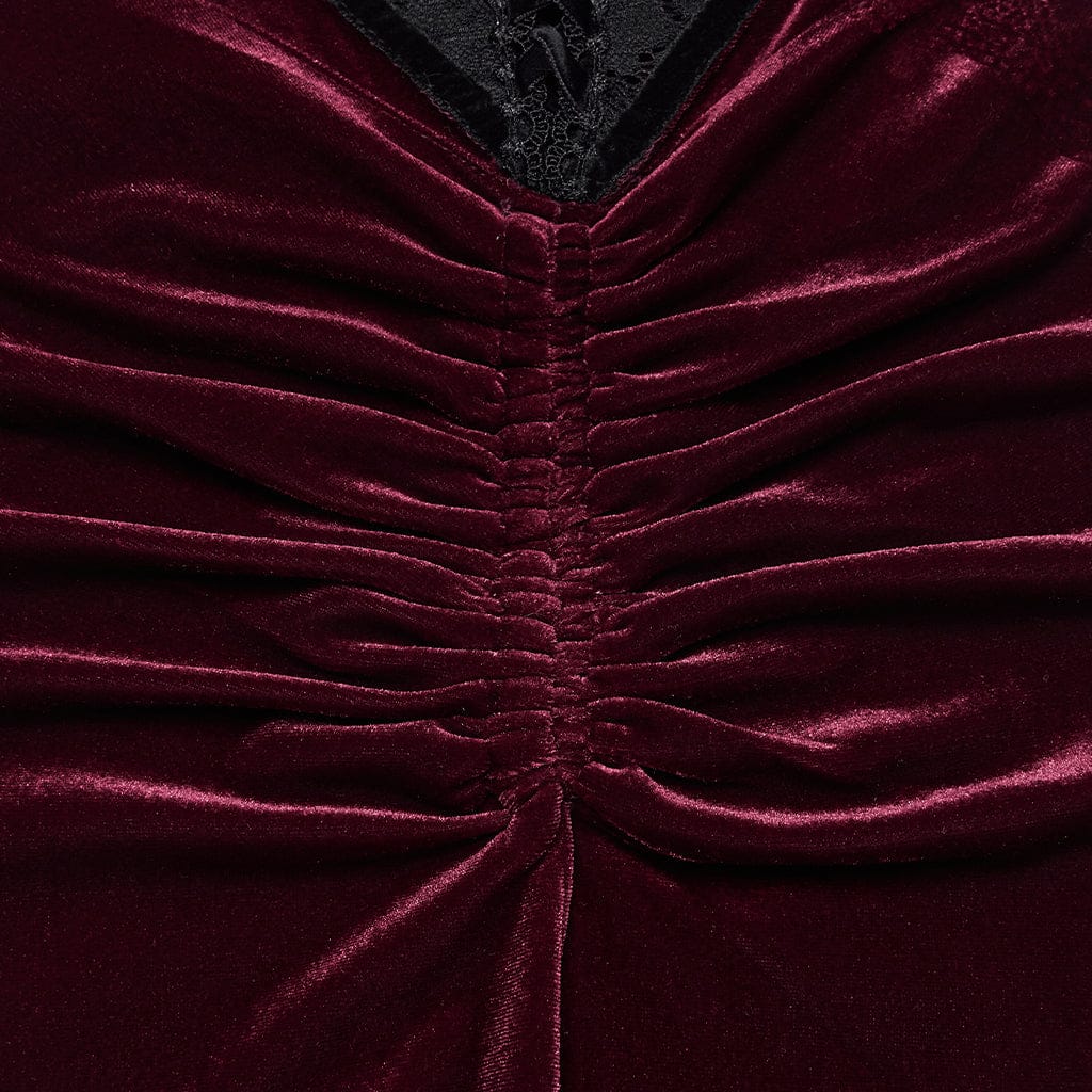 PUNK RAVE Women's Gothic Velvet Ruched Mermaid Skirt Red