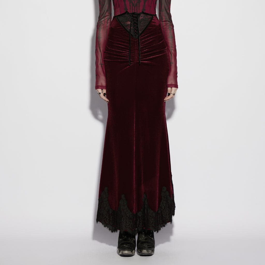 PUNK RAVE Women's Gothic Velvet Ruched Mermaid Skirt Red