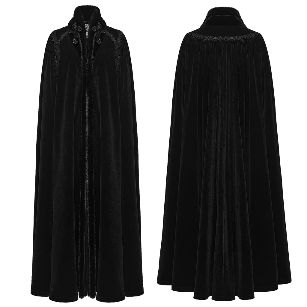 PUNK RAVE Women's Gothic Vintage Embroidered Faux Fur Trim Velvet Cloak