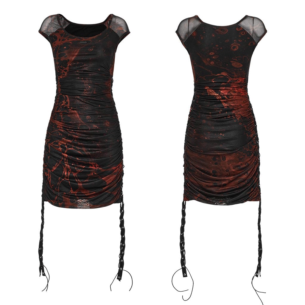 PUNK RAVE Women's Grunge Blood Printed Drawstring Mesh Dress