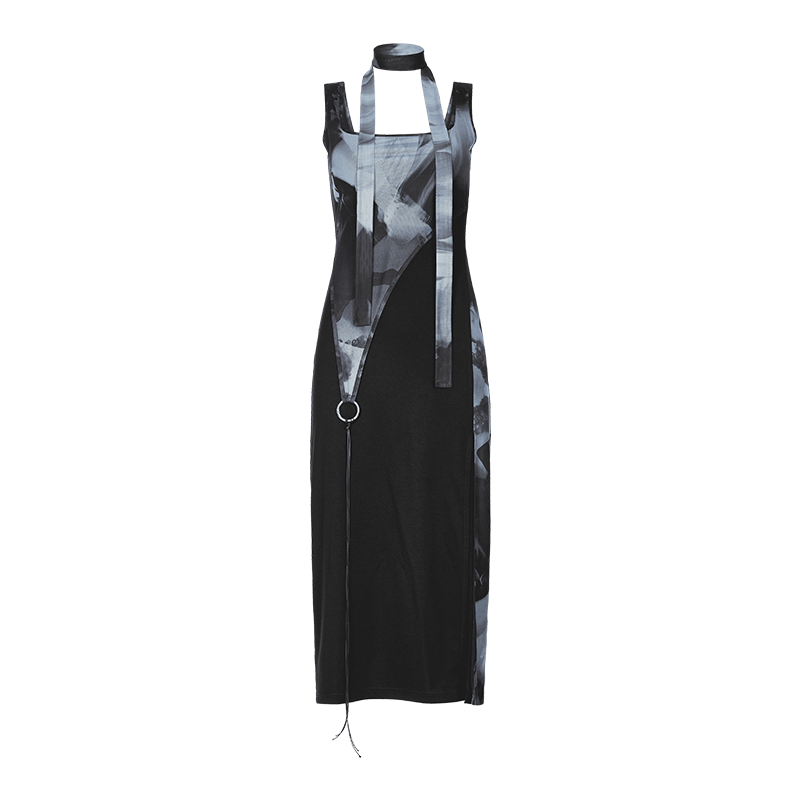 PUNK RAVE Women's Grunge Ink Printed Split Slip Dress with Neckwear