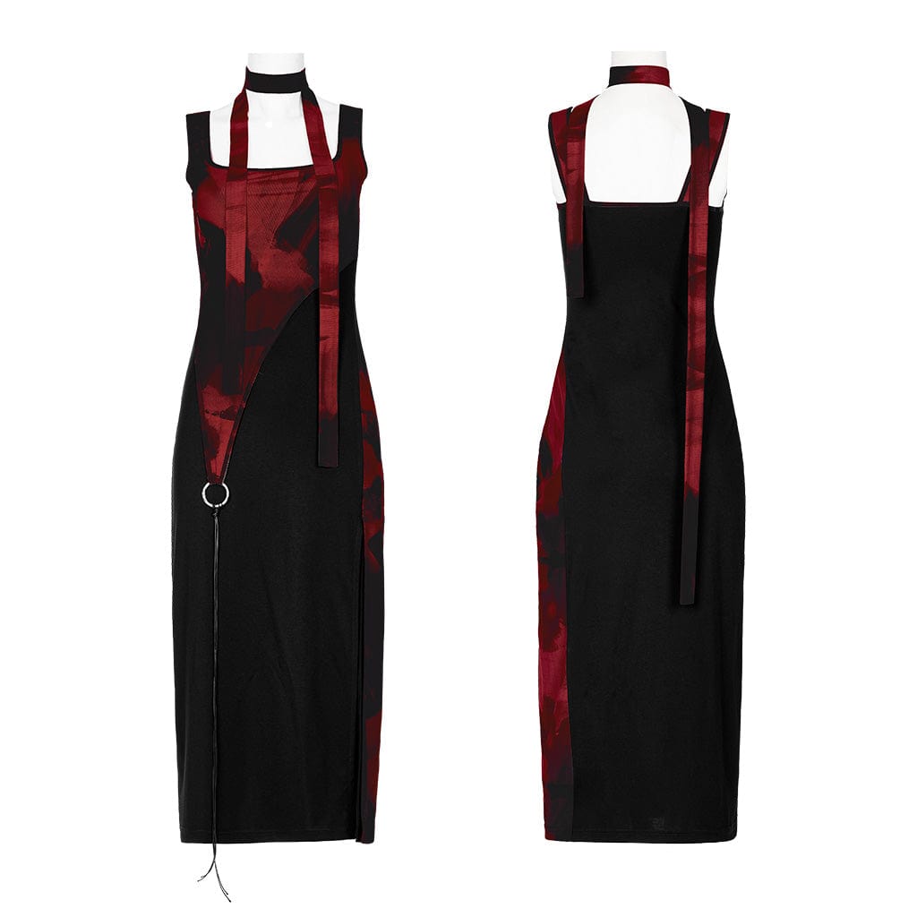 PUNK RAVE Women's Grunge Ink Printed Split Slip Dress with Neckwear