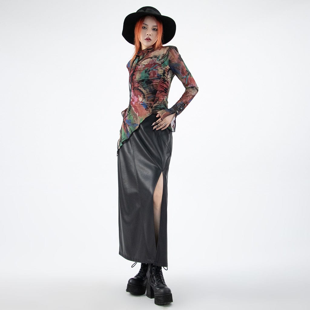 PUNK RAVE Women's Grunge Irregular Cheongsam Collar Mesh Shirt