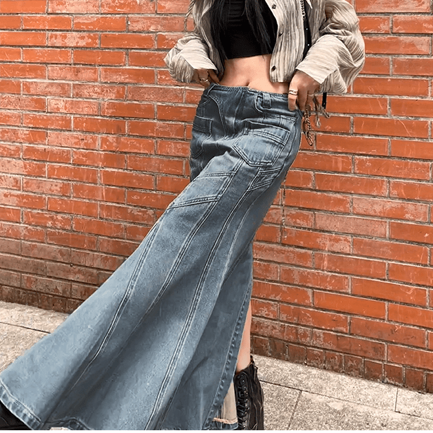 PUNK RAVE Women's Grunge Multi-pocket Denim Fishtail Skirt