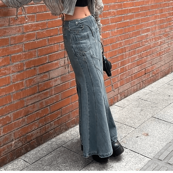 PUNK RAVE Women's Grunge Multi-pocket Denim Fishtail Skirt