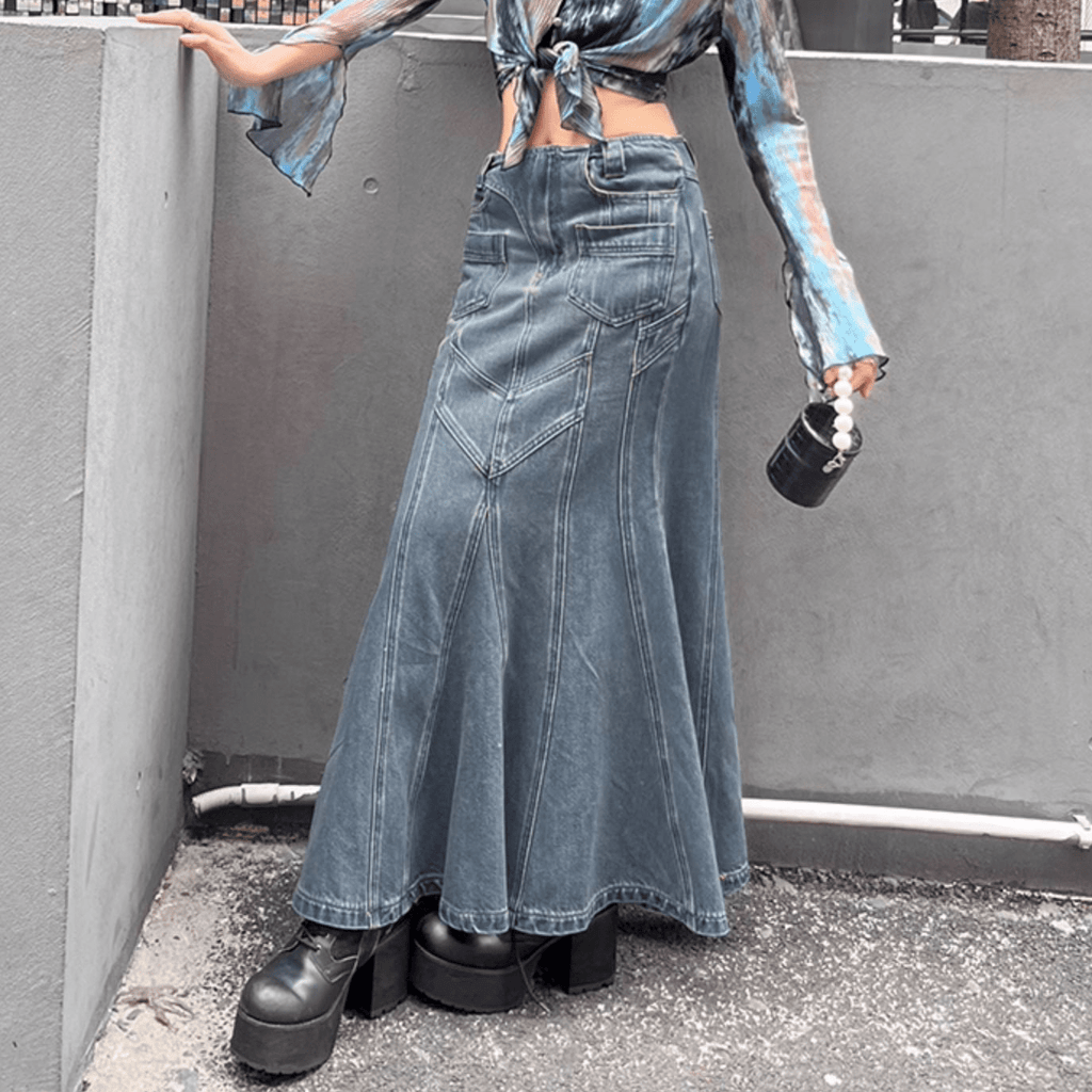 PUNK RAVE Women's Grunge Multi-pocket Denim Fishtail Skirt