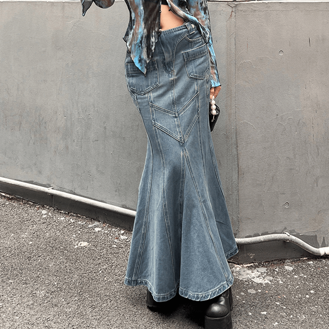 PUNK RAVE Women's Grunge Multi-pocket Denim Fishtail Skirt