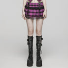 PUNK RAVE Women's Grunge Plaid Eyelet Mesh Ring Pleated Skirt Violet