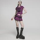 PUNK RAVE Women's Grunge Plaid Eyelet Mesh Ring Pleated Skirt Violet