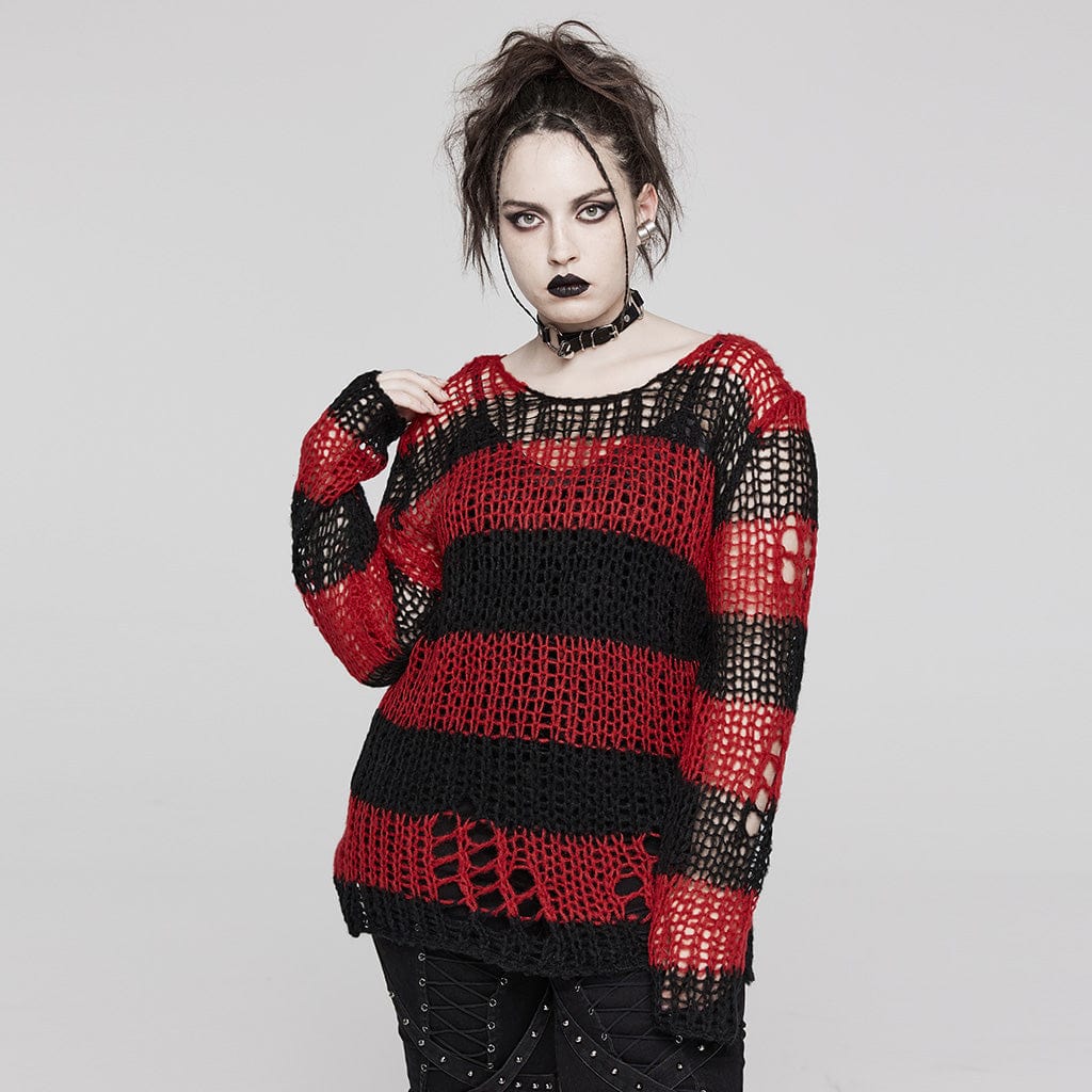 PUNK RAVE Women's Grunge Ripped Stripes Sweater