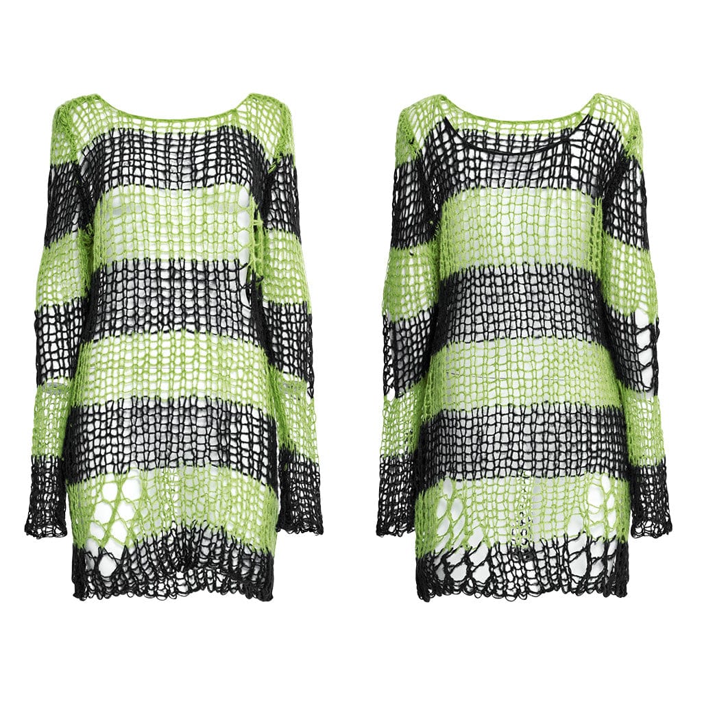 PUNK RAVE Women's Grunge Ripped Stripes Sweater