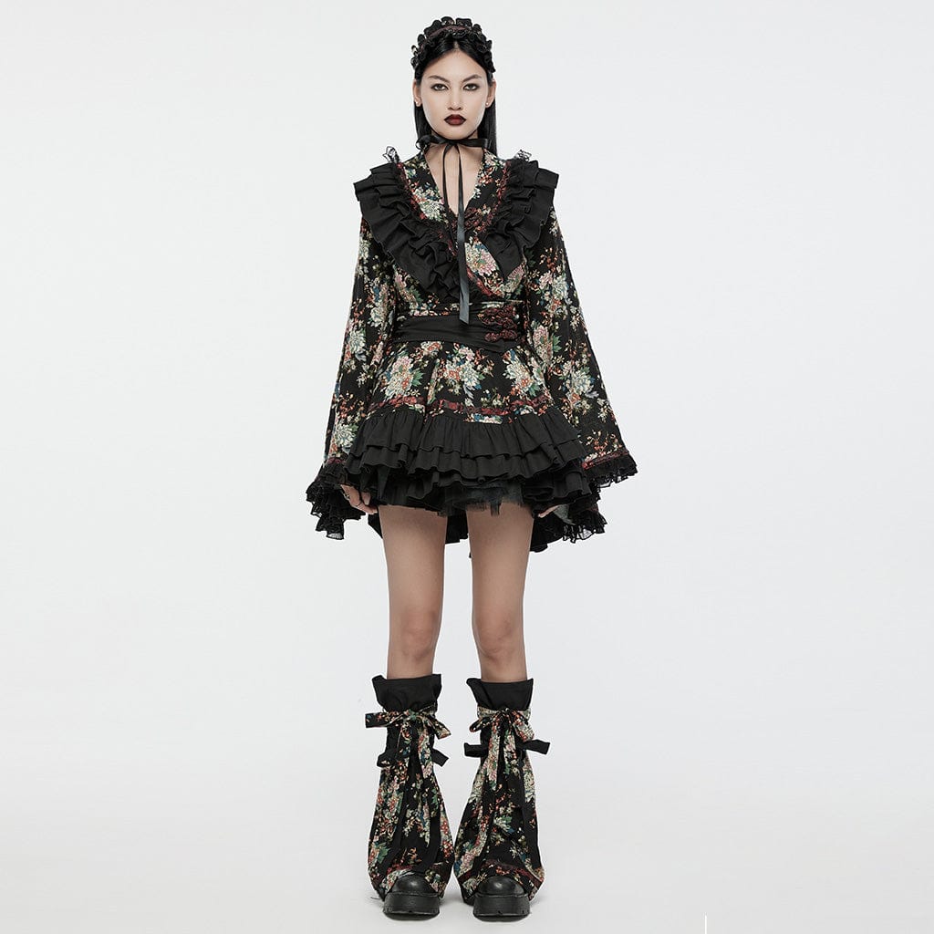 PUNK RAVE Women's Lolita Floral Printed Ruffled Kimono Dress Set