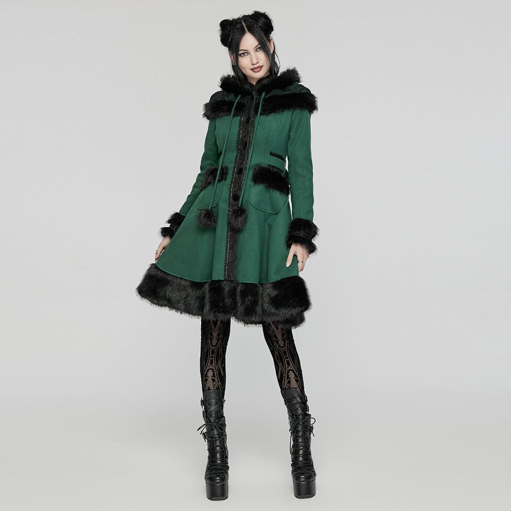 PUNK RAVE Women's Lolita Hooded Bowknot Overcoat