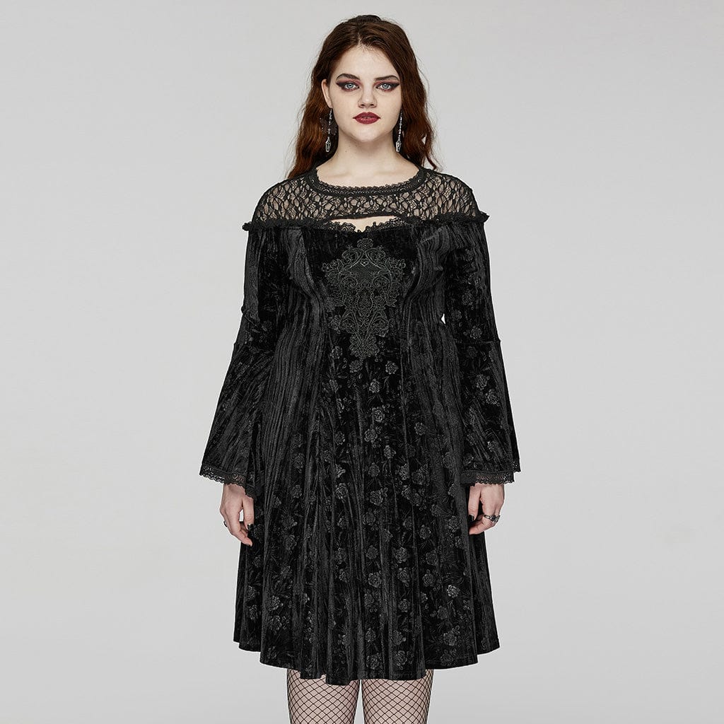 PUNK RAVE Women's Plus Size Gothic Flared Sleeved Embossed Velvet Formal Dress