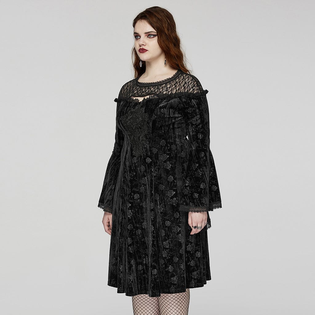 PUNK RAVE Women's Plus Size Gothic Flared Sleeved Embossed Velvet Formal Dress