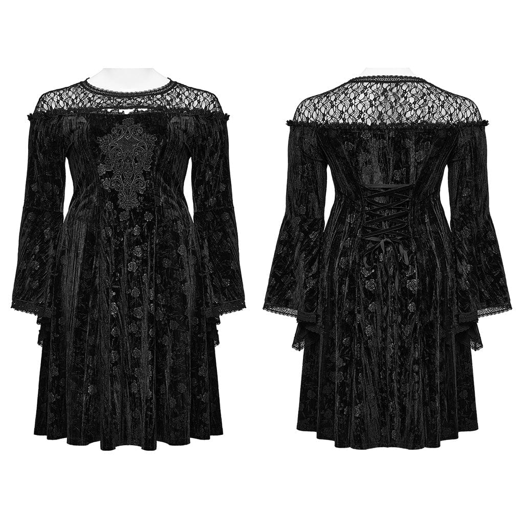 PUNK RAVE Women's Plus Size Gothic Flared Sleeved Embossed Velvet Formal Dress