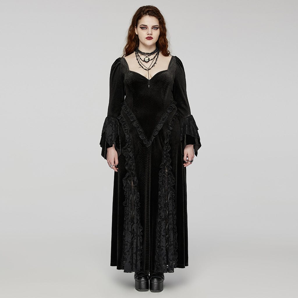 PUNK RAVE Women's Plus Size Gothic Flared Sleeved Embossed Velvet Prom Dress