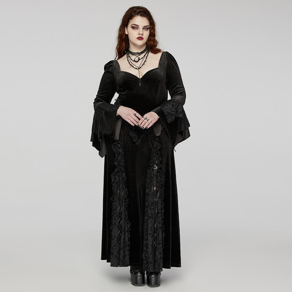 PUNK RAVE Women's Plus Size Gothic Flared Sleeved Embossed Velvet Prom Dress