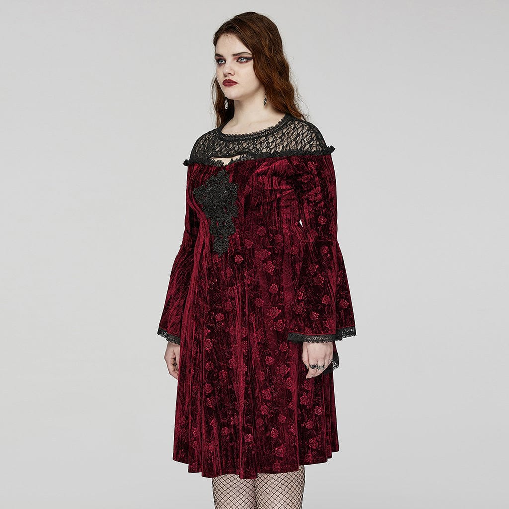 PUNK RAVE Women's Plus Size Gothic Flared Sleeved Embossed Velvet Red Formal Dress