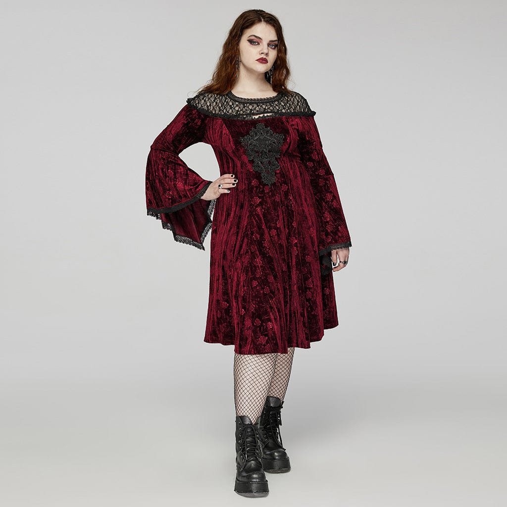 PUNK RAVE Women's Plus Size Gothic Flared Sleeved Embossed Velvet Red Formal Dress