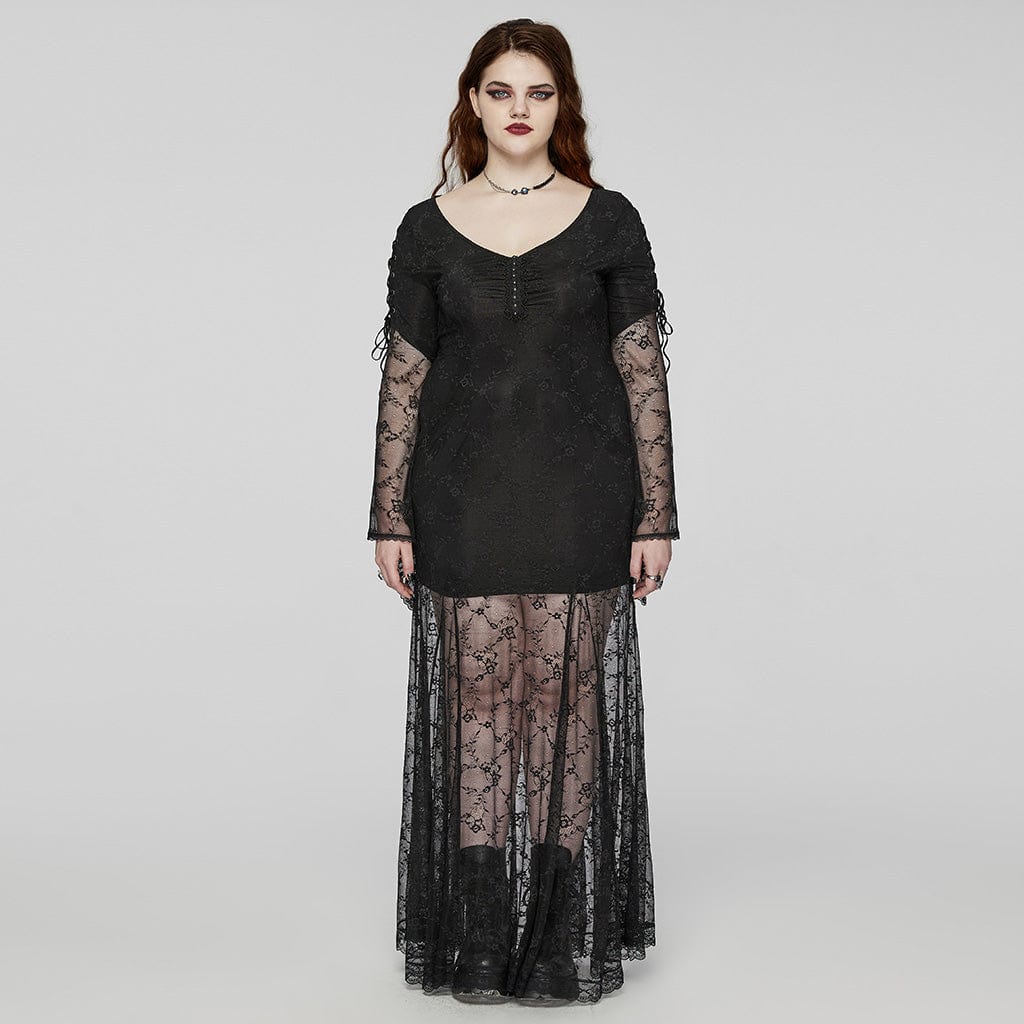 PUNK RAVE Women's Plus Size Gothic Flared Sleeved Lace-up Lace Prom Dress