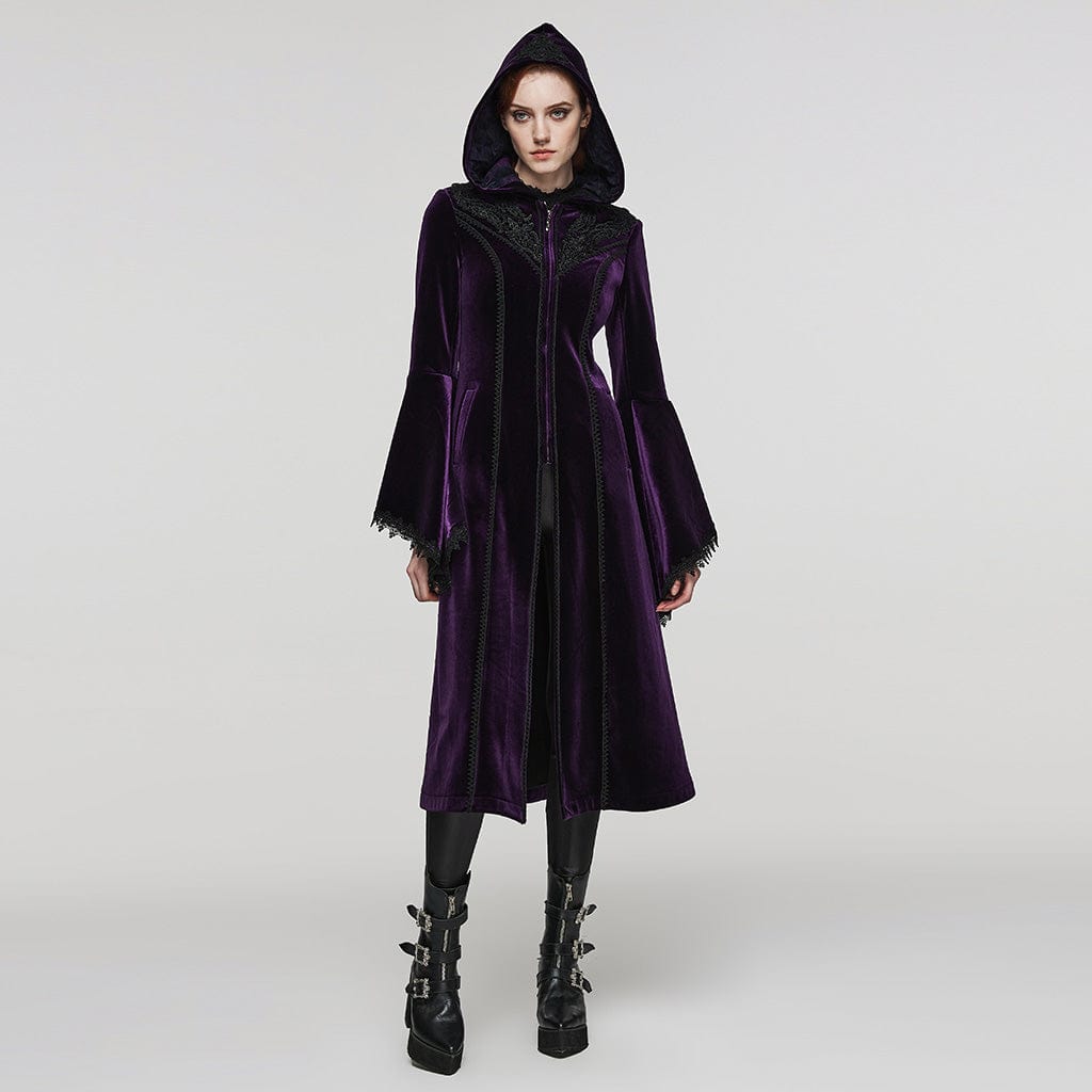 PUNK RAVE Women's Plus Size Gothic Flared Sleeved Velvet Coat with Hood