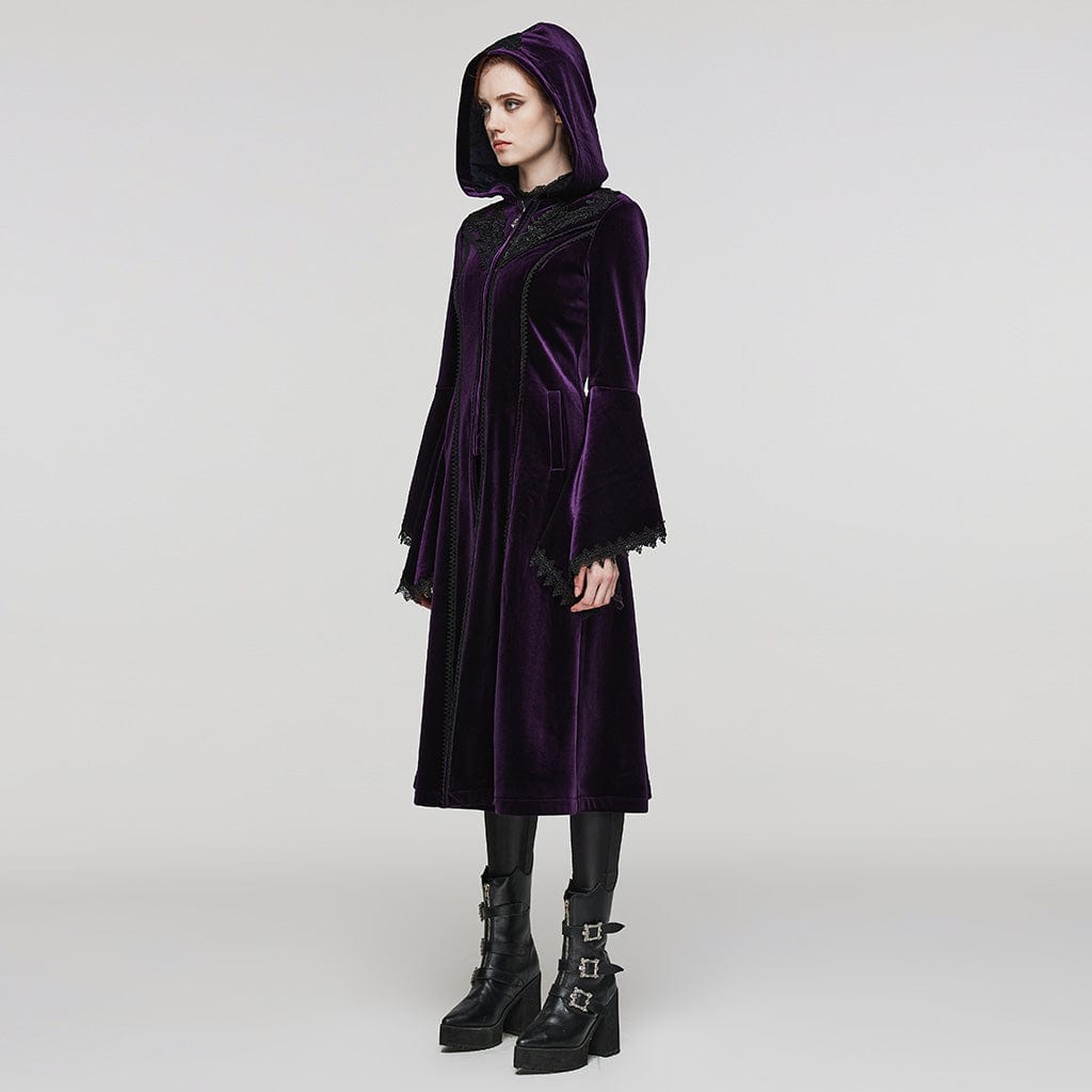 PUNK RAVE Women's Plus Size Gothic Flared Sleeved Velvet Coat with Hood