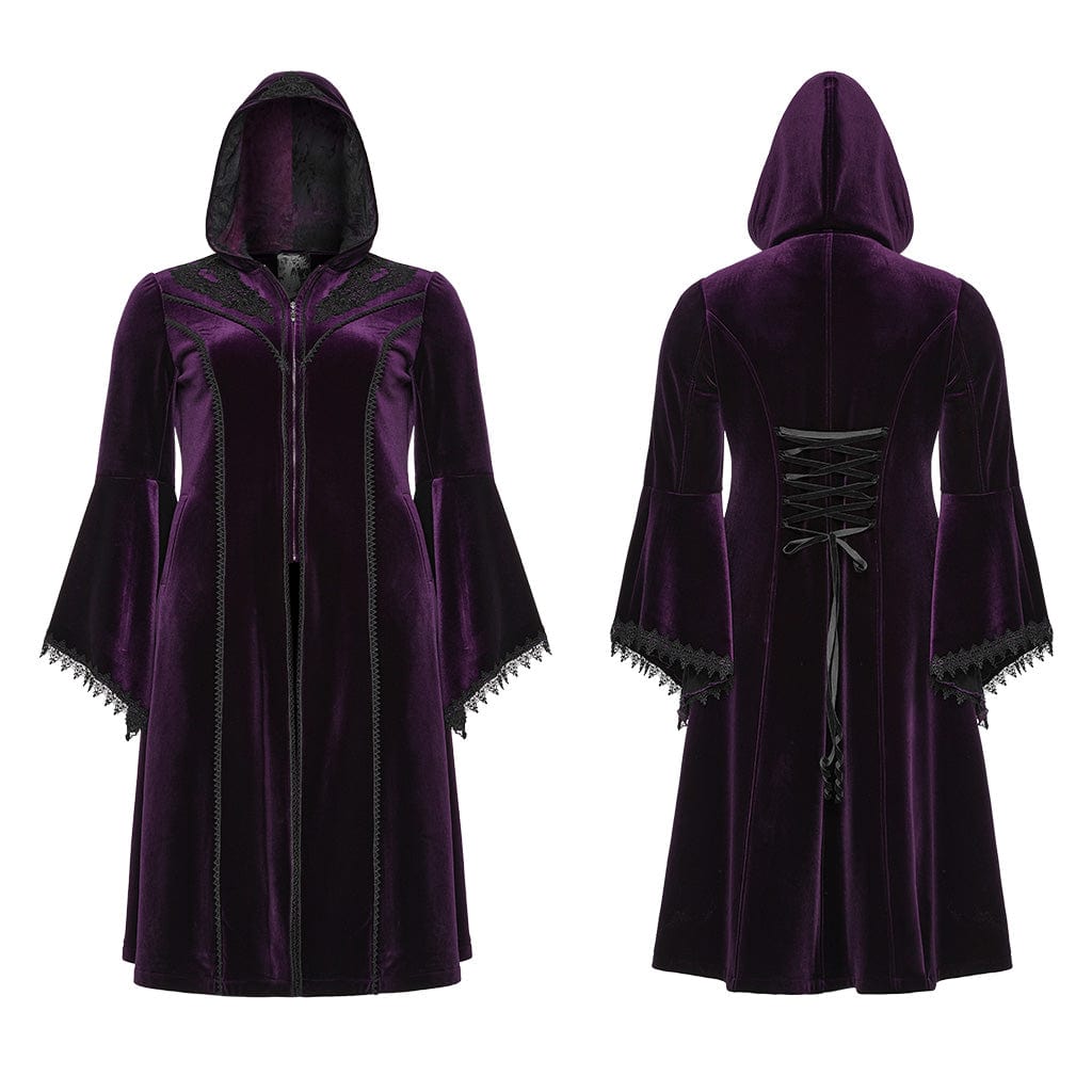 PUNK RAVE Women's Plus Size Gothic Flared Sleeved Velvet Coat with Hood