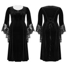 PUNK RAVE Women's Plus Size Gothic Floral Embroidered Lace Splice Velvet Gown Dress Black