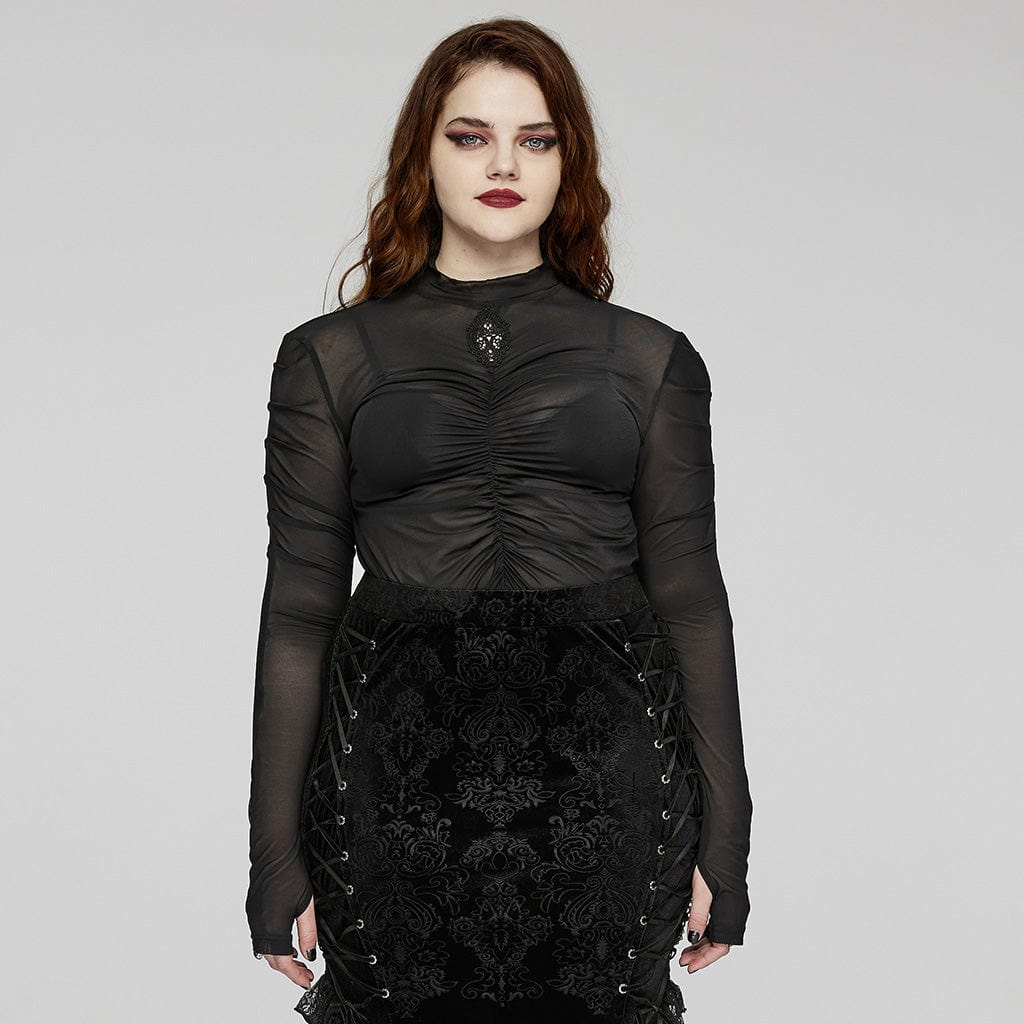 PUNK RAVE Women's Plus Size Gothic Floral Embroidered Pleated Mesh Shirt