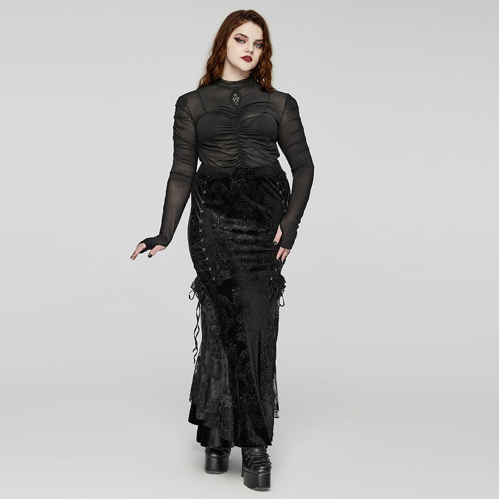 PUNK RAVE Women's Plus Size Gothic Floral Embroidered Pleated Mesh Shirt