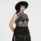 PUNK RAVE Women's Plus Size Gothic Half-high Collar Sun Mesh Tank Top