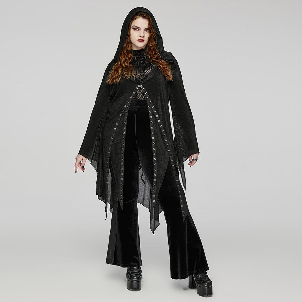 PUNK RAVE Women's Plus Size Gothic Irregular Eyelet Mesh Cardigan with Hood