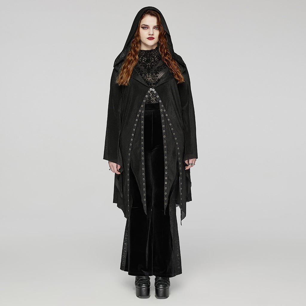 PUNK RAVE Women's Plus Size Gothic Irregular Eyelet Mesh Cardigan with Hood