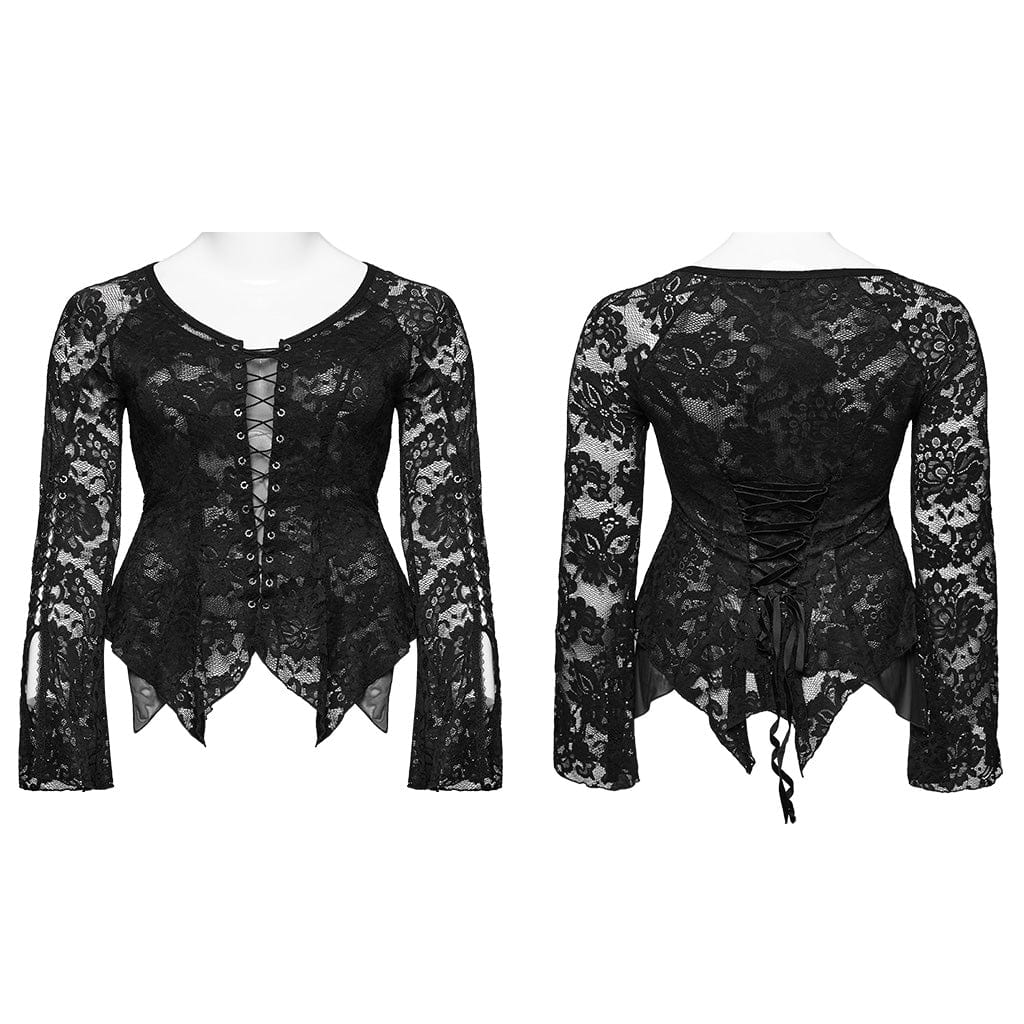 PUNK RAVE Women's Plus Size Gothic Irregular Lace-up Lace Top