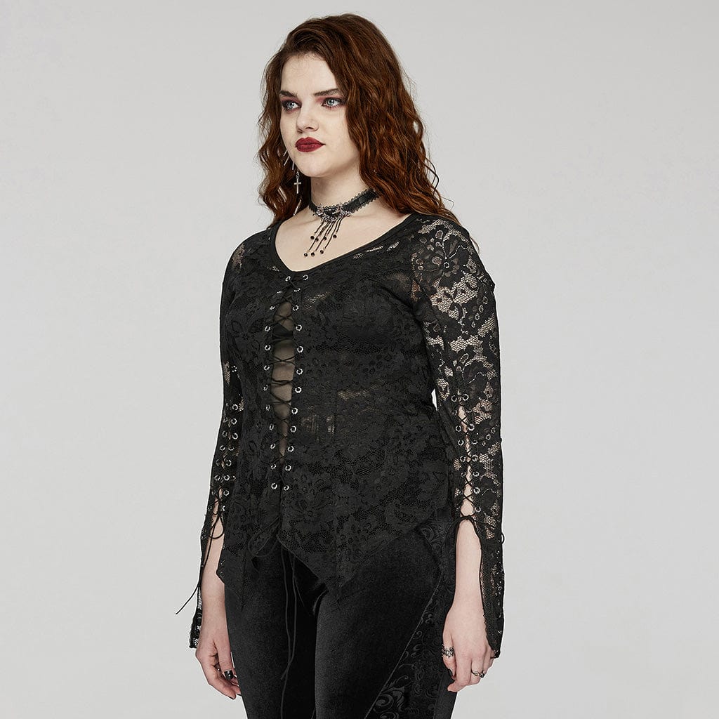 PUNK RAVE Women's Plus Size Gothic Irregular Lace-up Lace Top