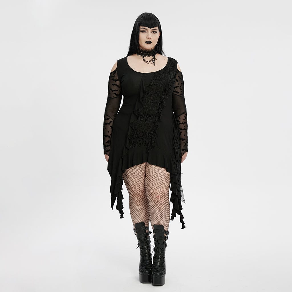 PUNK RAVE Women's Plus Size Gothic Irregular Off-the-shoulder Ruffled Witch Dress