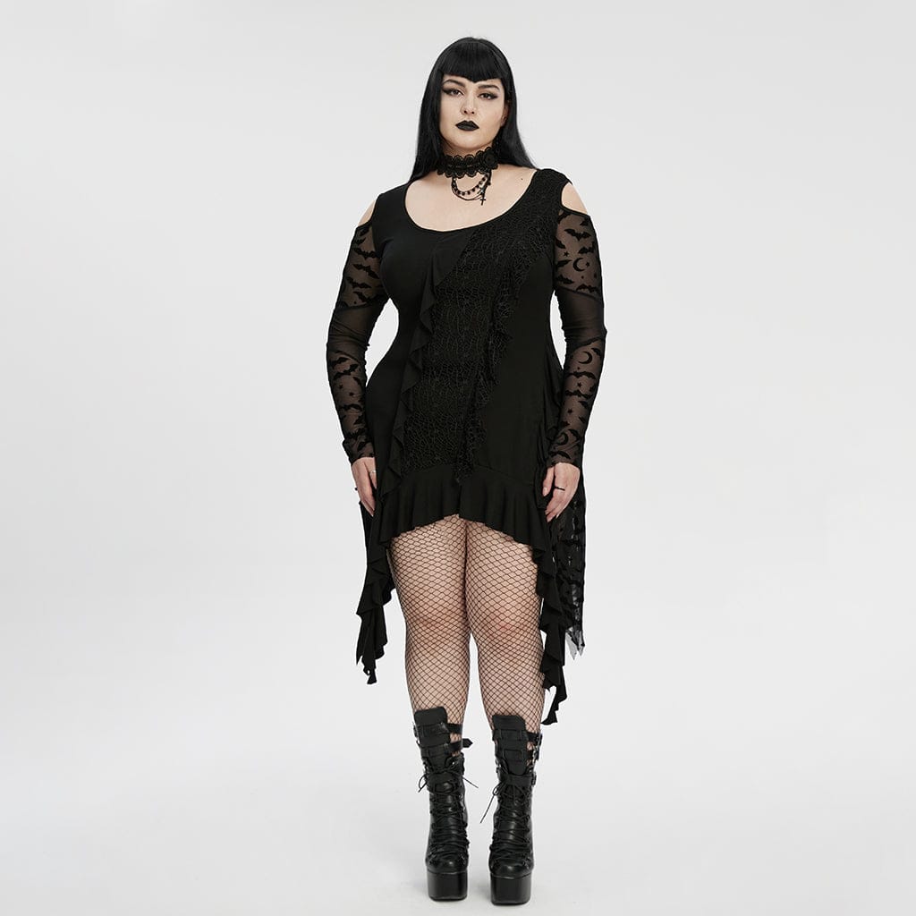 PUNK RAVE Women's Plus Size Gothic Irregular Off-the-shoulder Ruffled Witch Dress