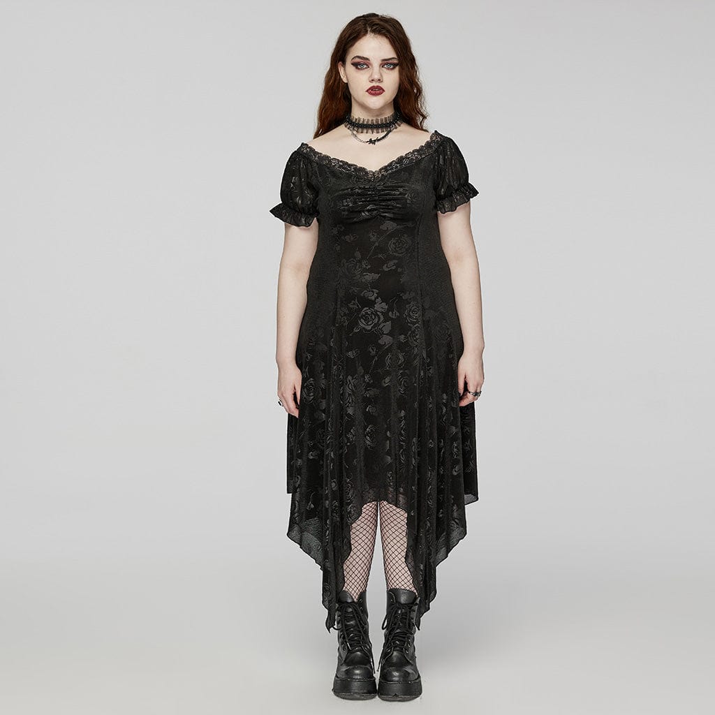 PUNK RAVE Women's Plus Size Gothic Irregular Plunging Embossed Honeymoon Dress