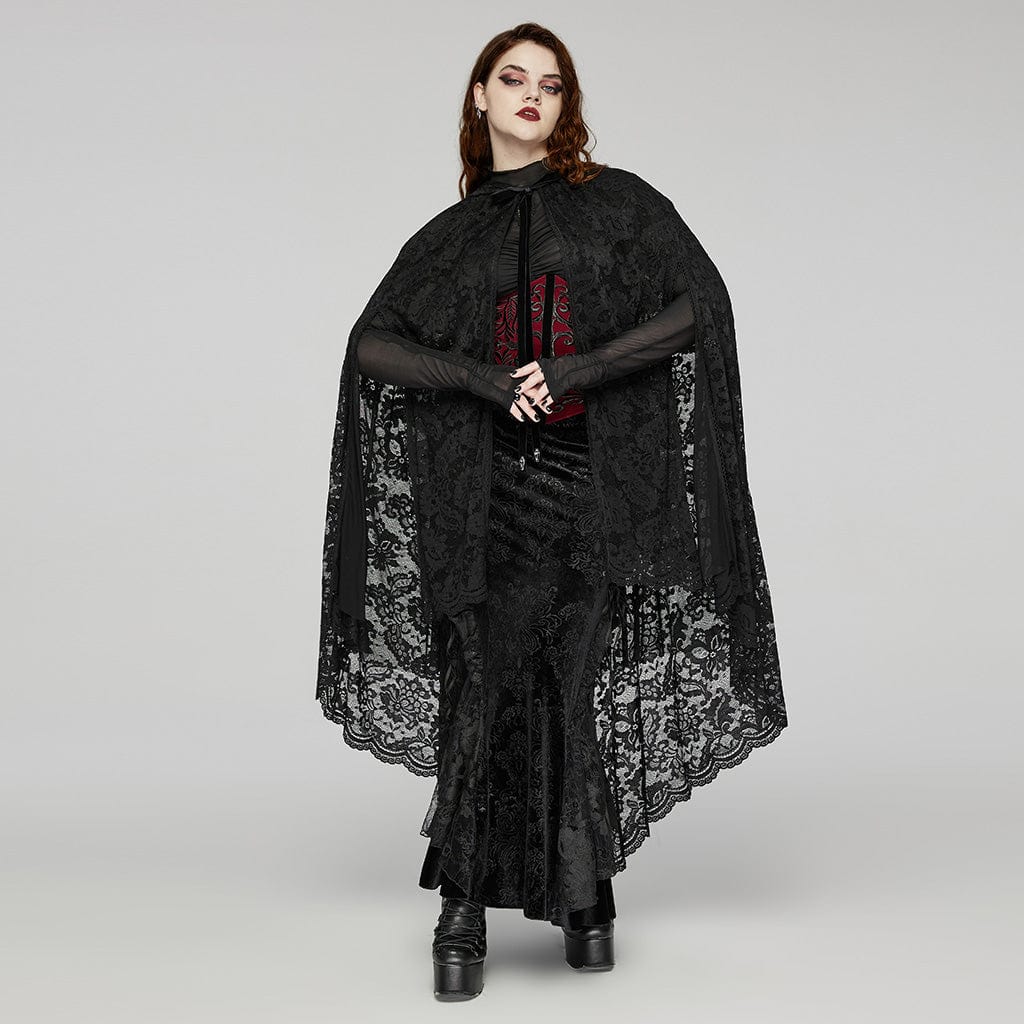 PUNK RAVE Women's Plus Size Gothic Irregular Split Lace Cape with Hood