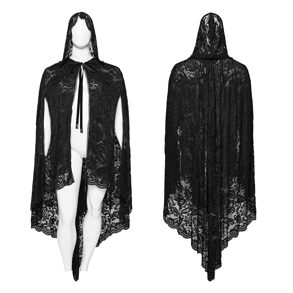 PUNK RAVE Women's Plus Size Gothic Irregular Split Lace Cape with Hood