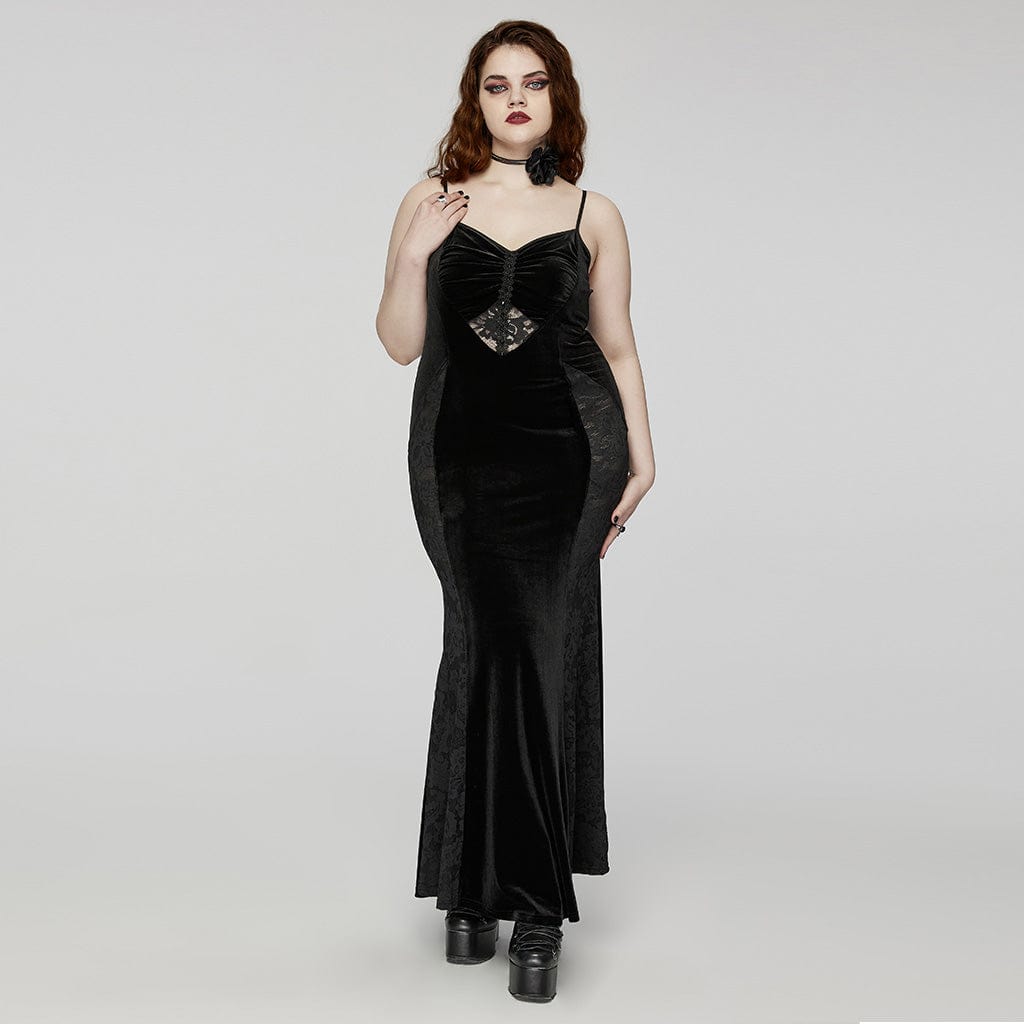 PUNK RAVE Women's Plus Size Gothic Lace Splice Velvet Fishtail Evening Slip Dress