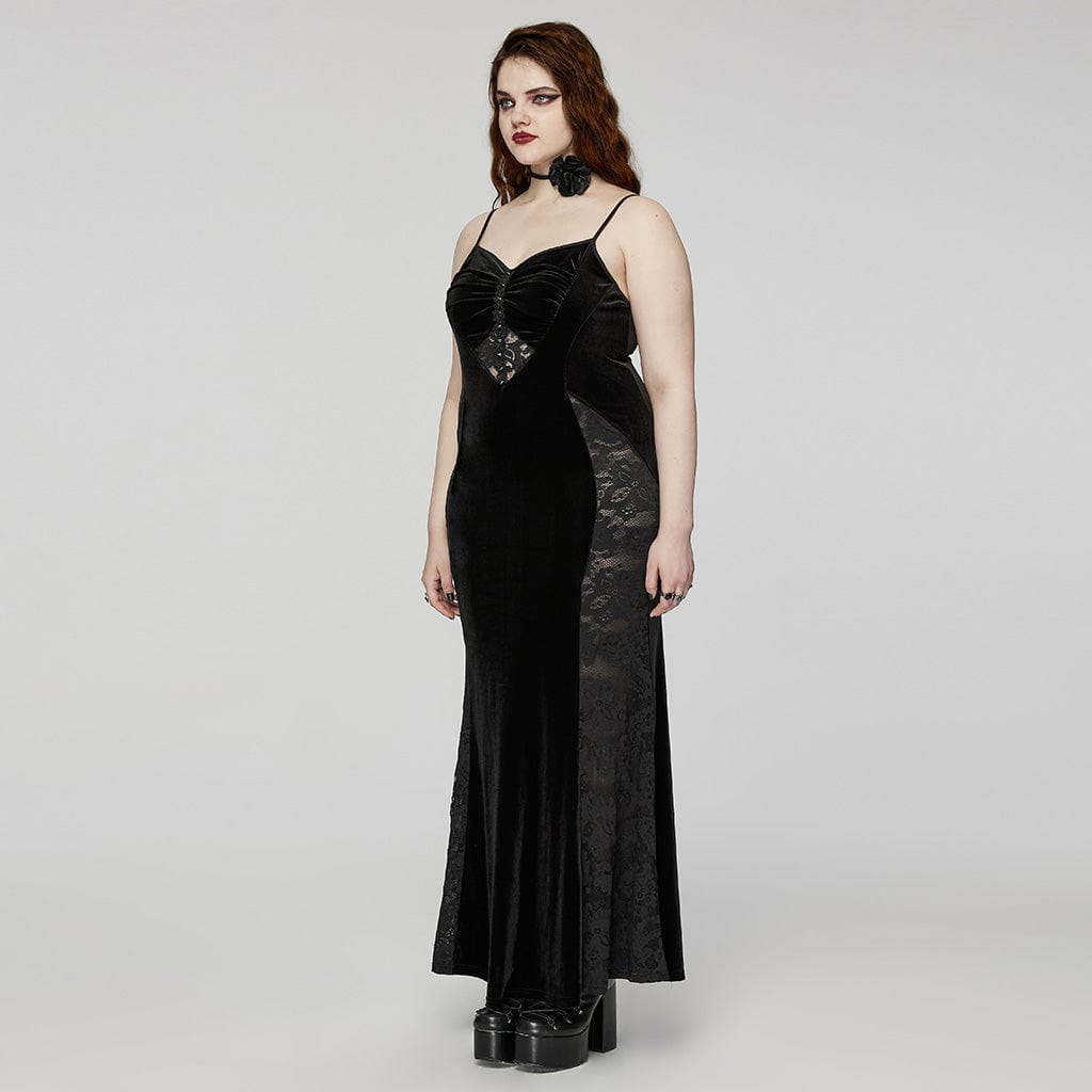 PUNK RAVE Women's Plus Size Gothic Lace Splice Velvet Fishtail Evening Slip Dress