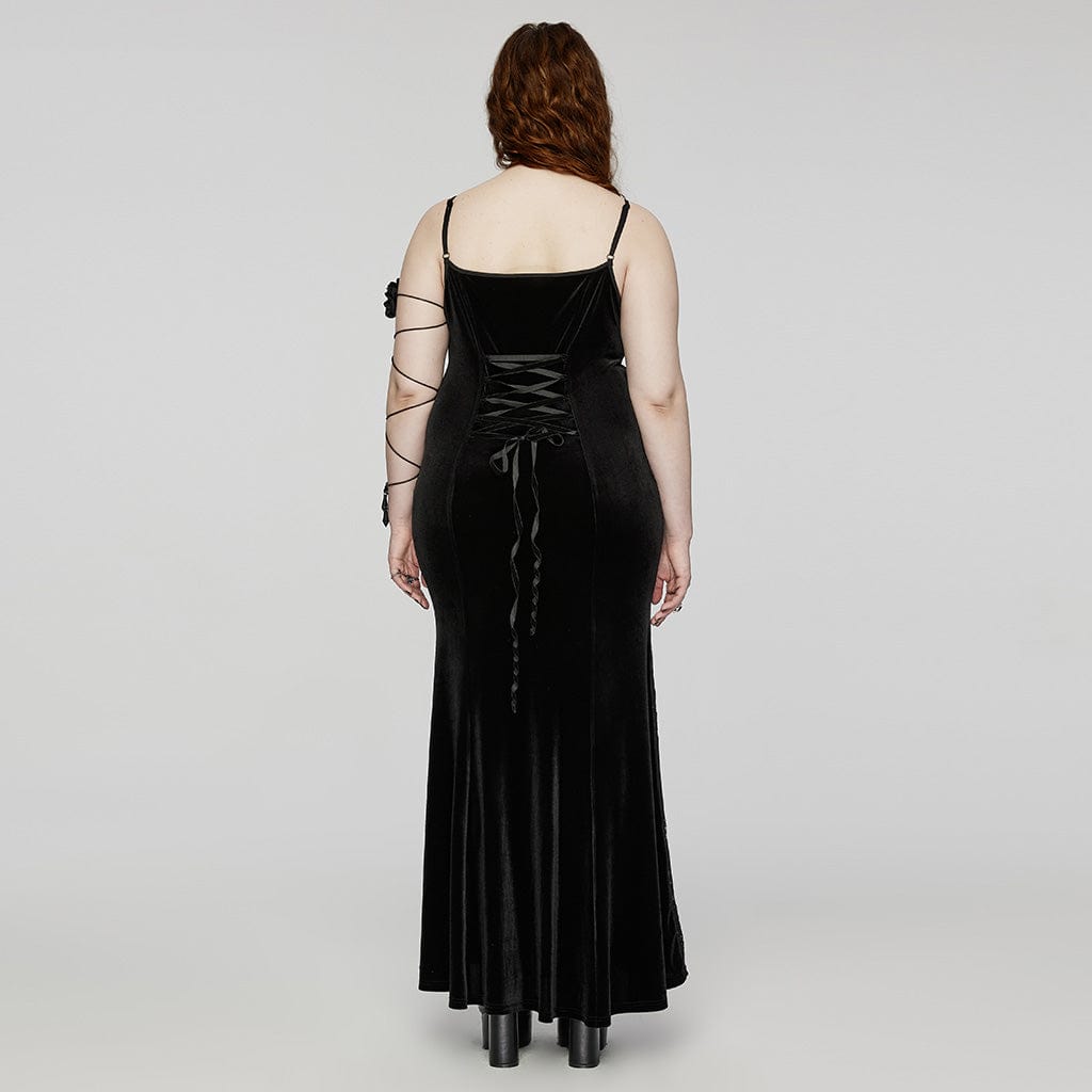 PUNK RAVE Women's Plus Size Gothic Lace Splice Velvet Fishtail Evening Slip Dress