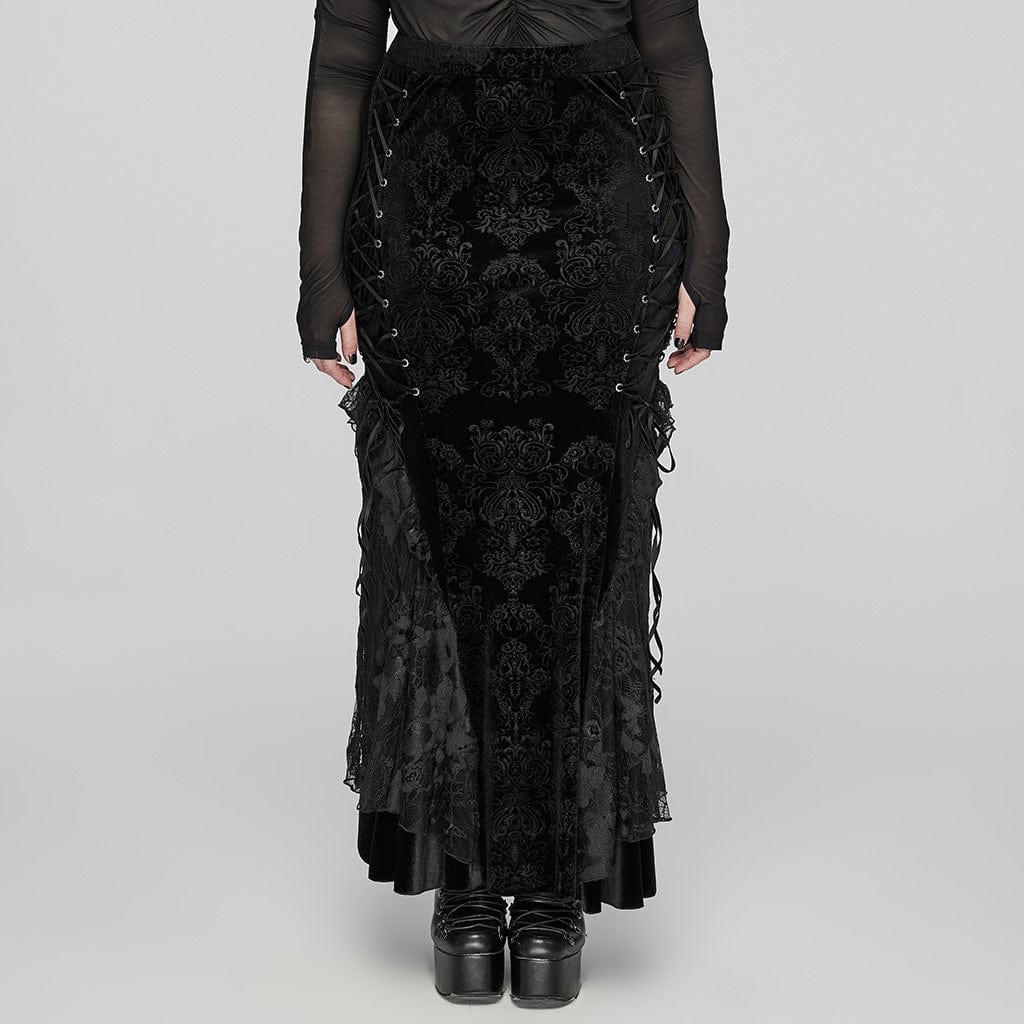 PUNK RAVE Women's Plus Size Gothic Lace-up Embossed Velvet Fishtailed Skirt