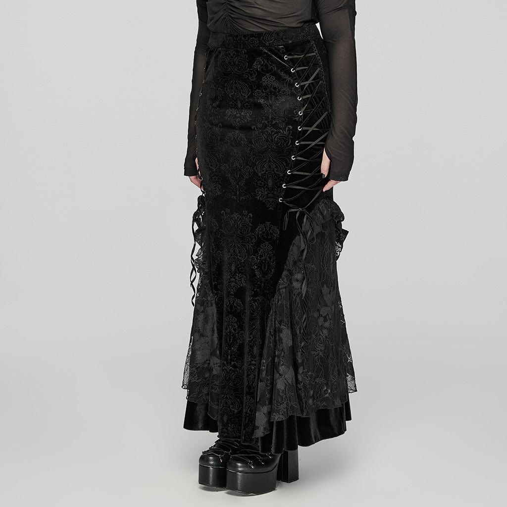 PUNK RAVE Women's Plus Size Gothic Lace-up Embossed Velvet Fishtailed Skirt
