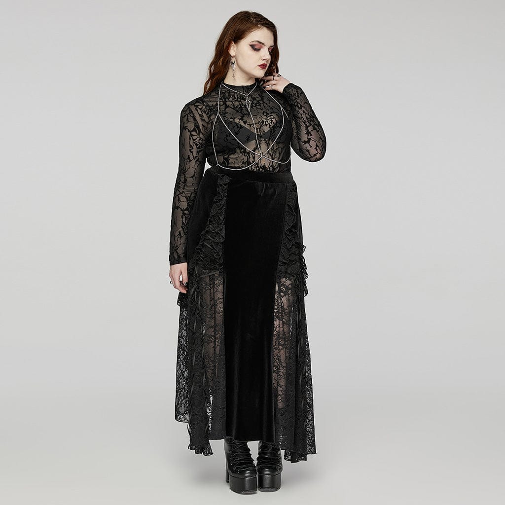 PUNK RAVE Women's Plus Size Gothic Lace-up Lace Splicing Velvet Skirt