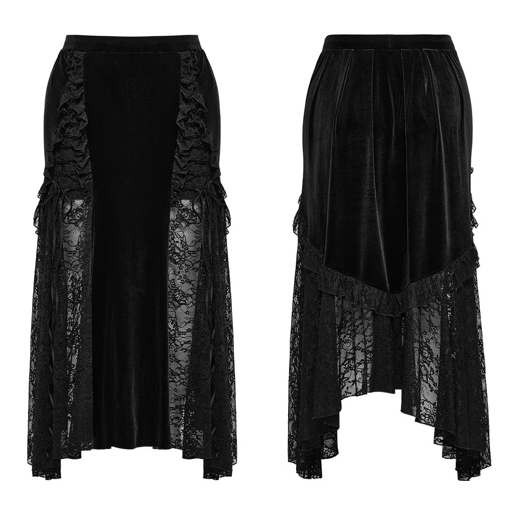 PUNK RAVE Women's Plus Size Gothic Lace-up Lace Splicing Velvet Skirt