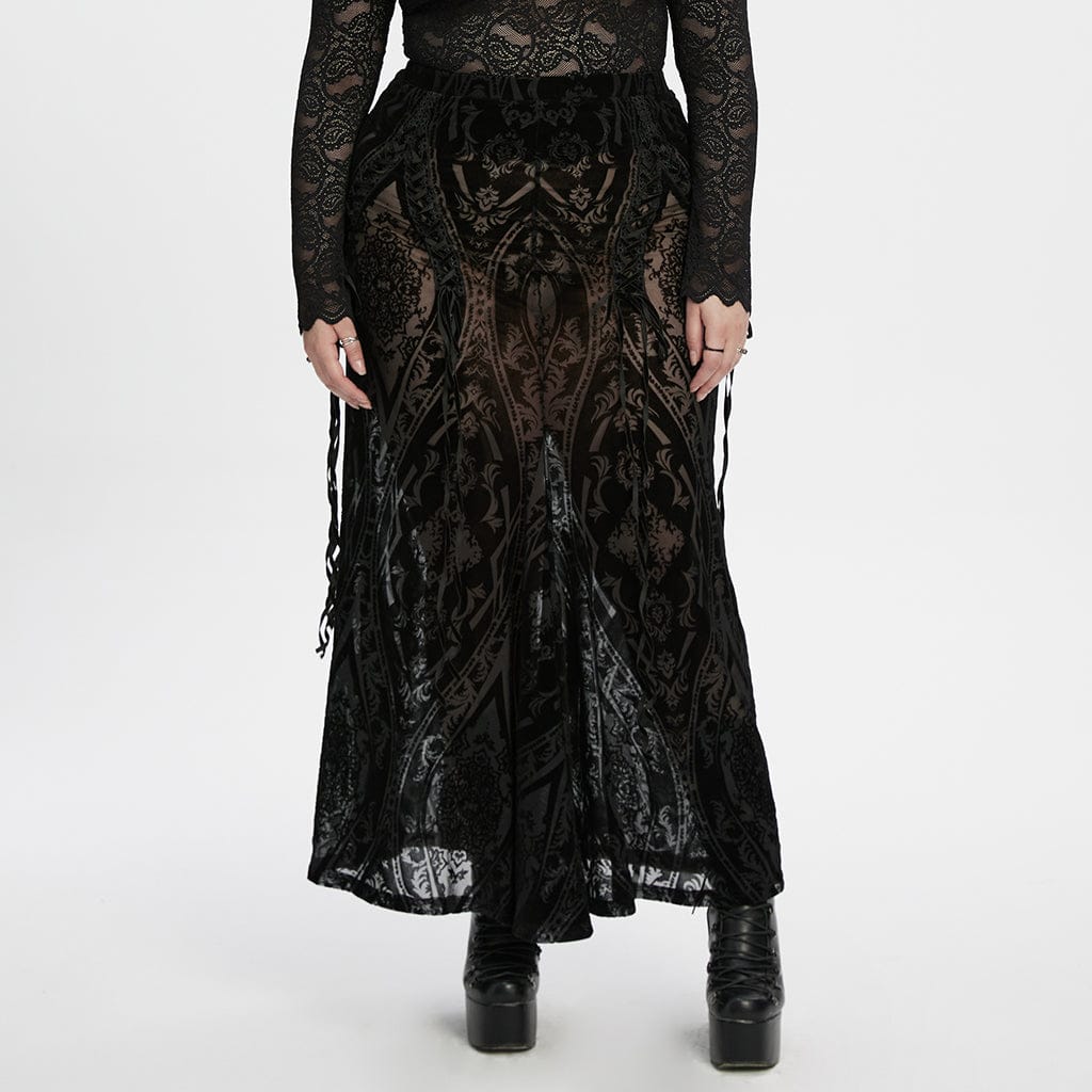 PUNK RAVE Women's Plus Size Gothic Lace-up Sheer Flocked Mesh Skirt