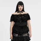 PUNK RAVE Women's Plus Size Gothic Off Shoulder Ruffles Sheer Shirt Black